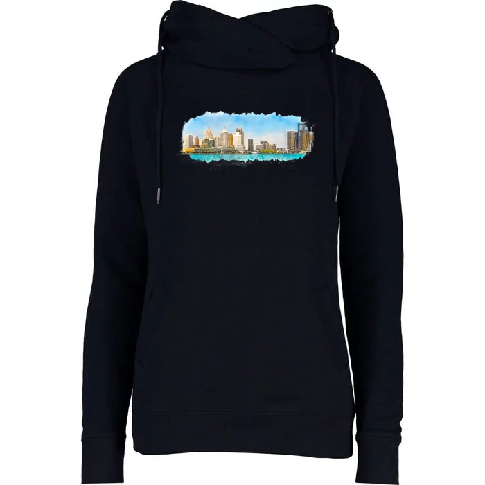 Downtown Detroit Skyline Watercolor Sketch Womens Funnel Neck Pullover Hood