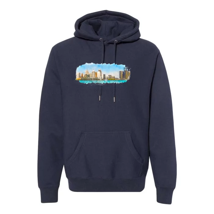 Downtown Detroit Skyline Watercolor Sketch Premium Hoodie