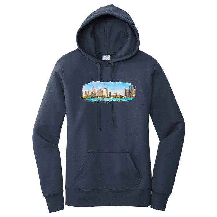 Downtown Detroit Skyline Watercolor Sketch Women's Pullover Hoodie