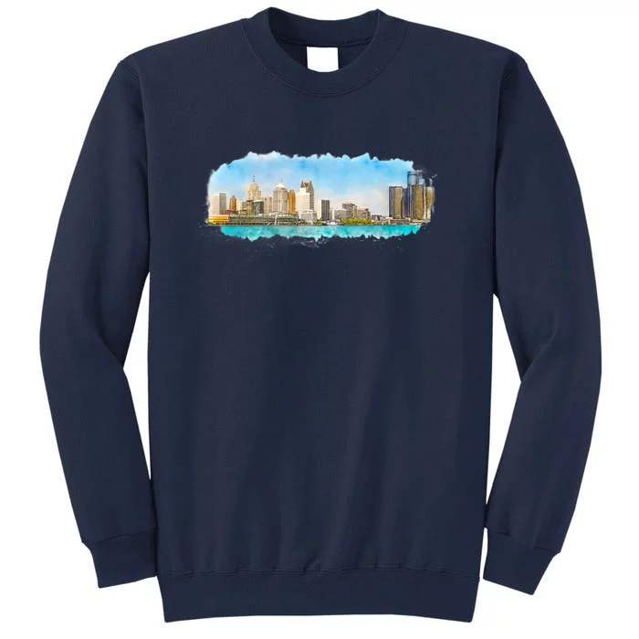 Downtown Detroit Skyline Watercolor Sketch Tall Sweatshirt