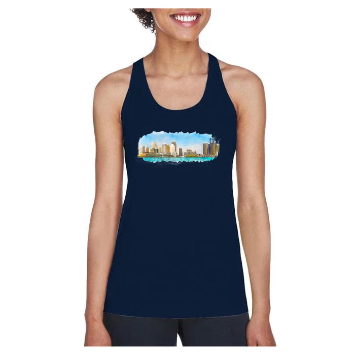 Downtown Detroit Skyline Watercolor Sketch Women's Racerback Tank