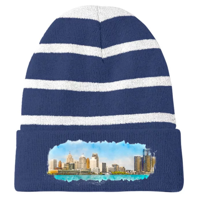 Downtown Detroit Skyline Watercolor Sketch Striped Beanie with Solid Band