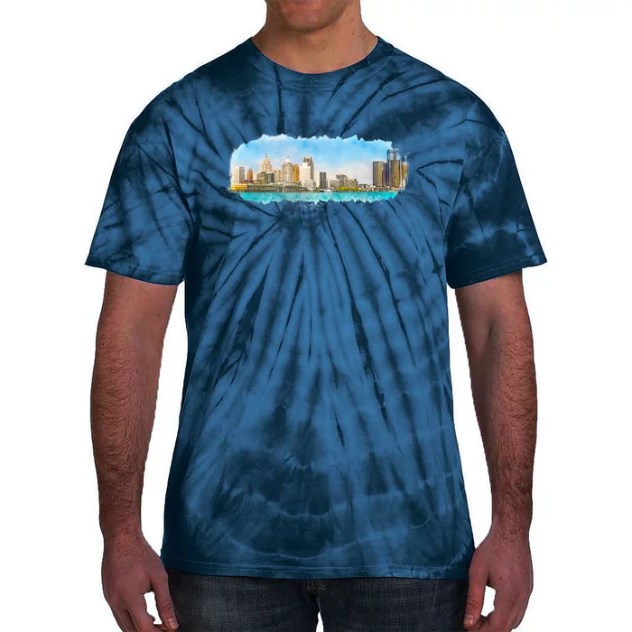 Downtown Detroit Skyline Watercolor Sketch Tie-Dye T-Shirt