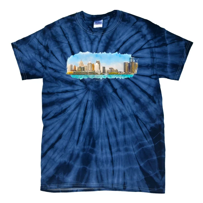 Downtown Detroit Skyline Watercolor Sketch Tie-Dye T-Shirt