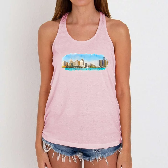 Downtown Detroit Skyline Watercolor Sketch Women's Knotted Racerback Tank