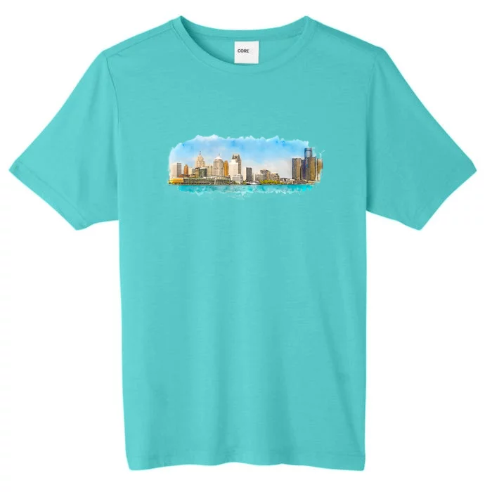 Downtown Detroit Skyline Watercolor Sketch ChromaSoft Performance T-Shirt