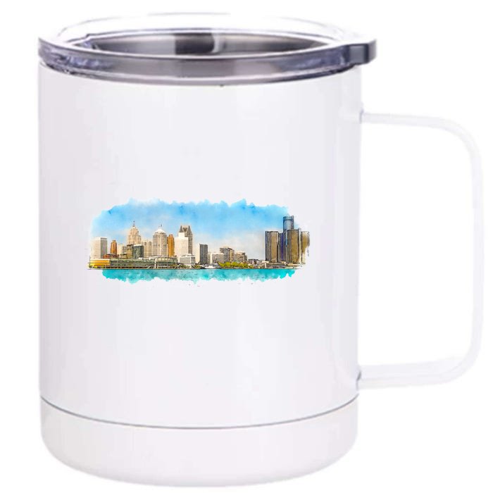 Downtown Detroit Skyline Watercolor Sketch Front & Back 12oz Stainless Steel Tumbler Cup