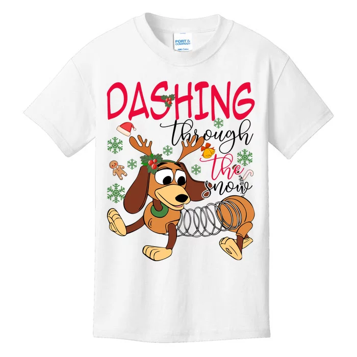 Dog Dashing Through The Snow Slinky Toy Christmas Kids T-Shirt