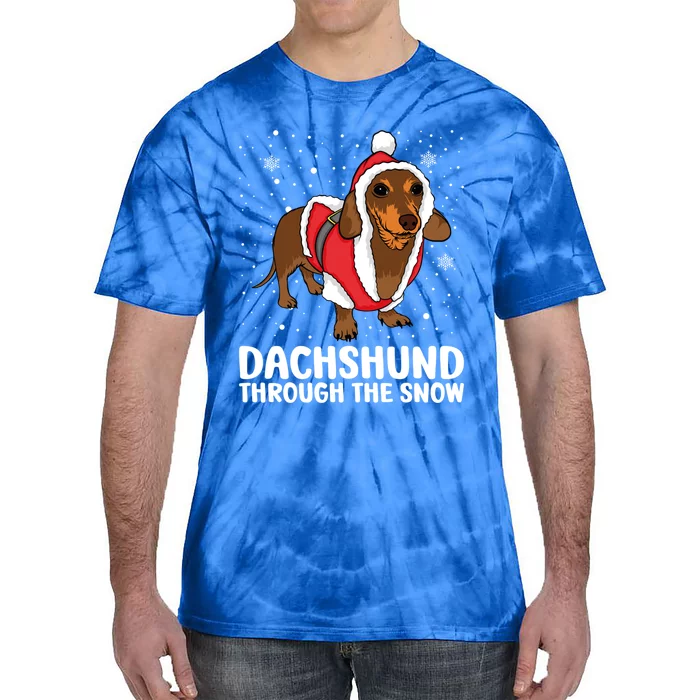 Dachshund Dog Through The Snow Christmas Santa Wiener Dog Gift Tie-Dye T-Shirt