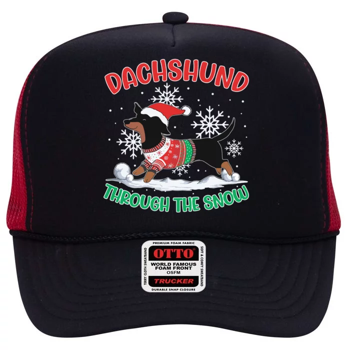 Dachshund Dog Through The Snow Funny Wiener Dachshund Owners Gift High Crown Mesh Trucker Hat