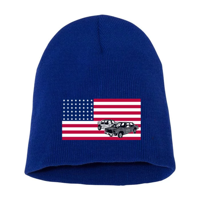 Demolition Derby Usa American Flag Car Racer 4th Of July Gift Short Acrylic Beanie