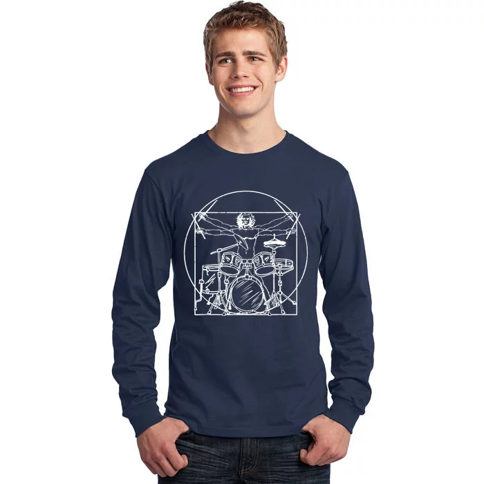 Drummer Da Vinci Drums Drawing Present For Music Fans Tall Long Sleeve T-Shirt