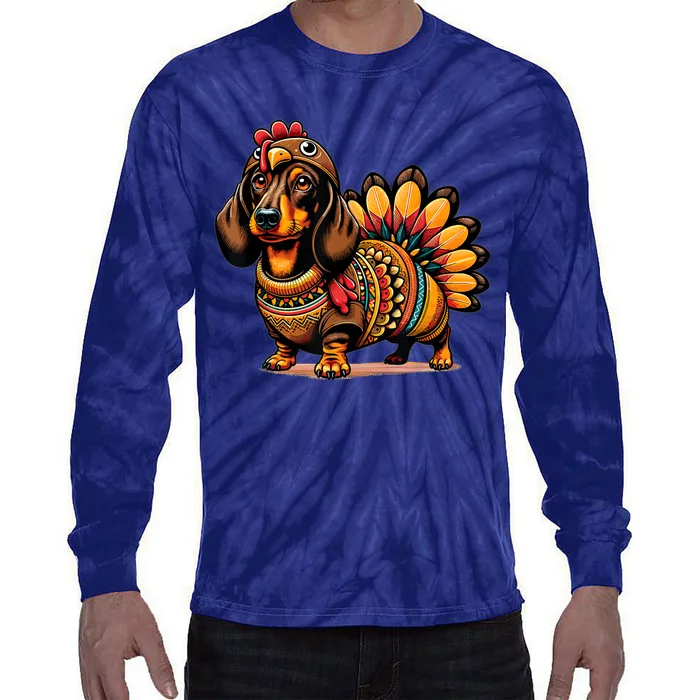 Dachshund Dog Weiner Turkey Costume Thanksgiving Women Tie-Dye Long Sleeve Shirt