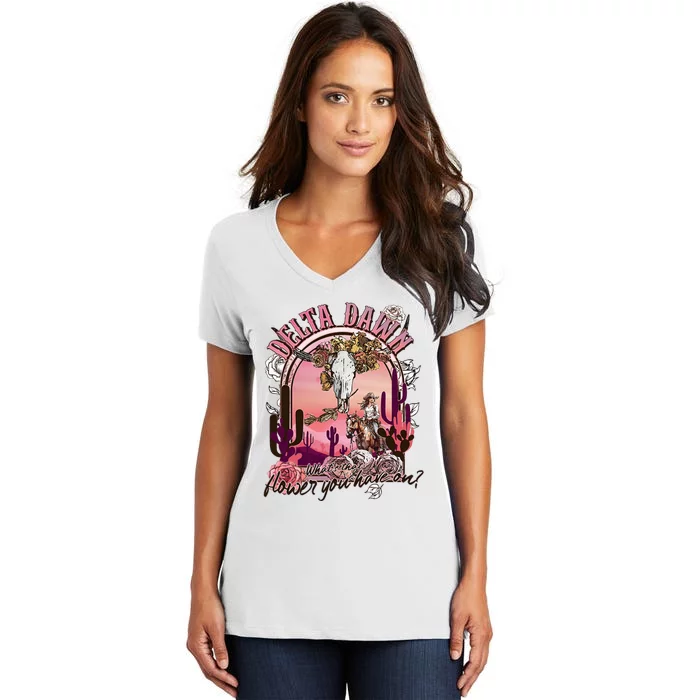 Delta Dawn WhatS That Flower You Have On Western Country Women's V-Neck T-Shirt