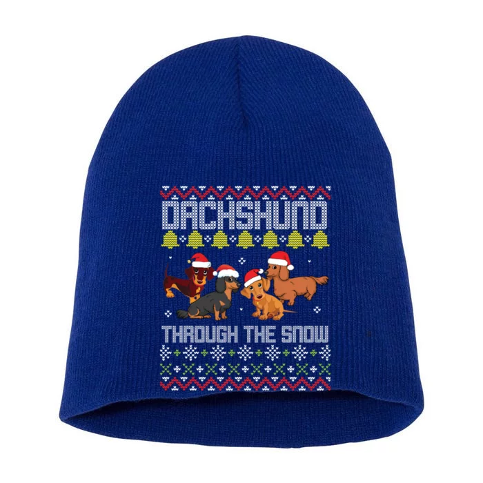 Dachshund Dogs With Noel Costume Dancing Through The Snow Gift Short Acrylic Beanie