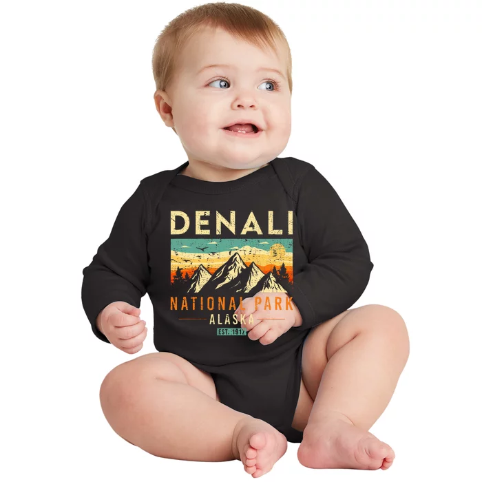 Denali Est. 1917 Vintage Retro Alaska National Park Baby Long Sleeve Bodysuit