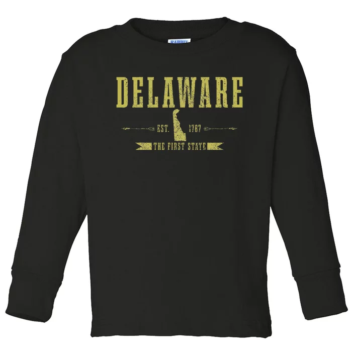 Delaware Est. 1787 The First State Pride State Map Vintage Toddler Long Sleeve Shirt