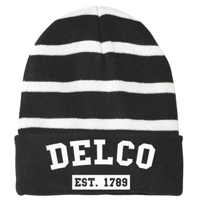 Delco Est. 1789 Goose Distressed Striped Beanie with Solid Band