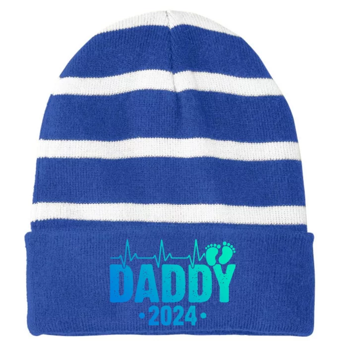 Dad Est 2024 First Fathers Day 2024 Promoted To Daddy Meaningful Gift Striped Beanie with Solid Band