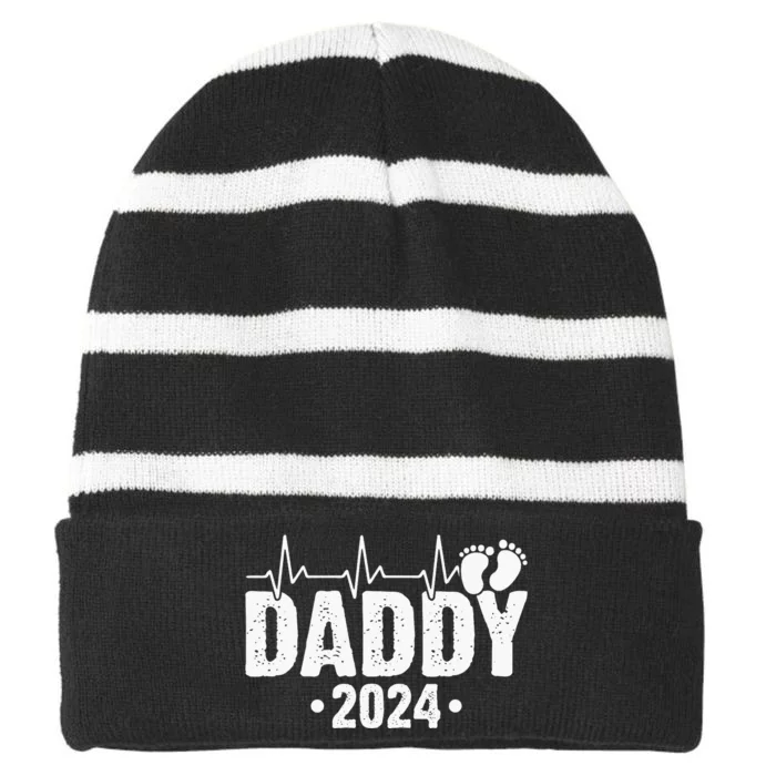 Dad Est 2024 First Fathers Day 2024 Promoted To Daddy Striped Beanie with Solid Band