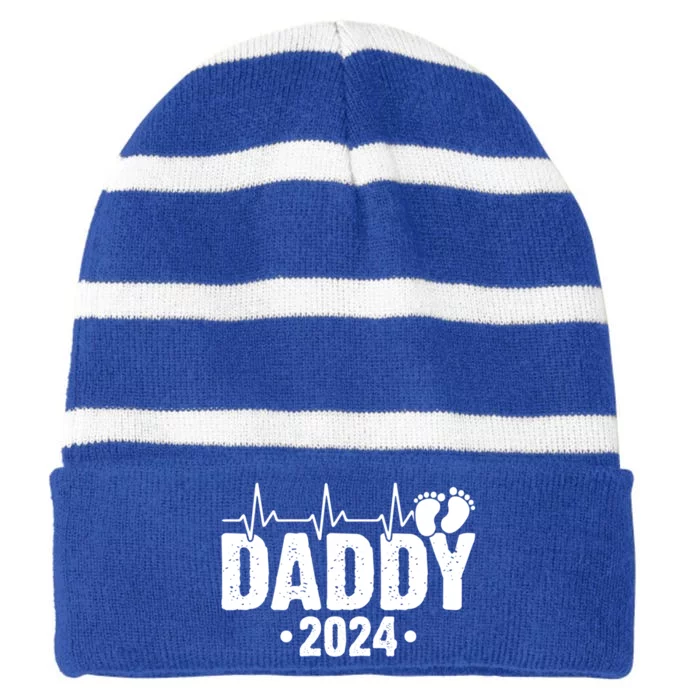 Dad Est 2024 First Fathers Day 2024 Promoted To Daddy Cool Gift Striped Beanie with Solid Band