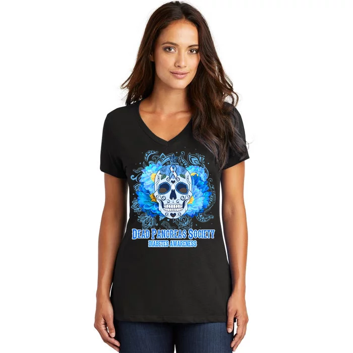 Dead Pancreas Society Diabetes Awareness Sugar Skull Women's V-Neck T-Shirt