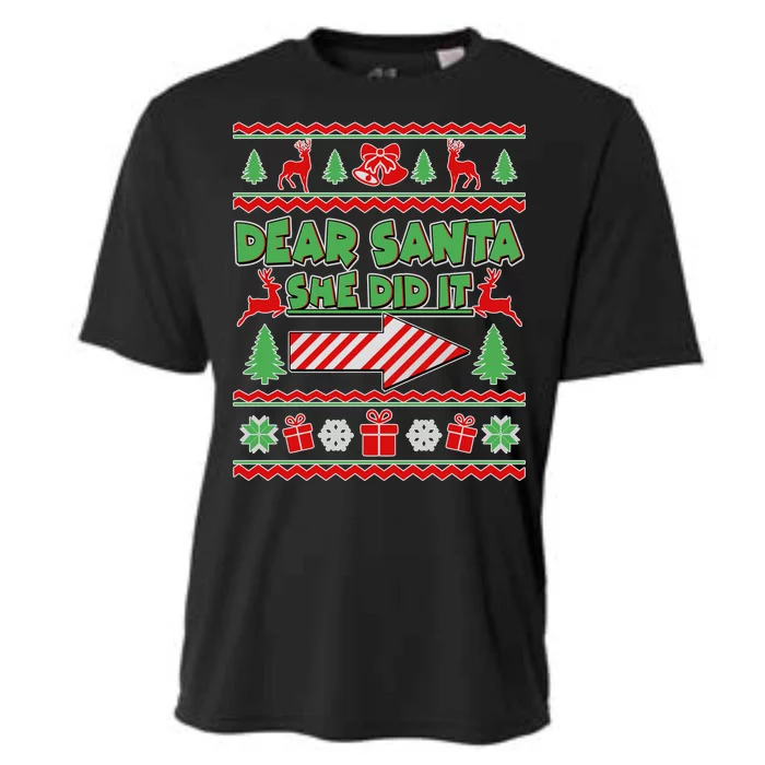 Dear Santa She Did It Ugly Christmas Matching Cooling Performance Crew T-Shirt