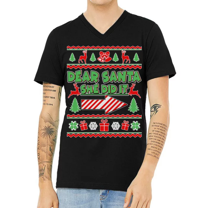 Dear Santa She Did It Ugly Christmas Matching V-Neck T-Shirt