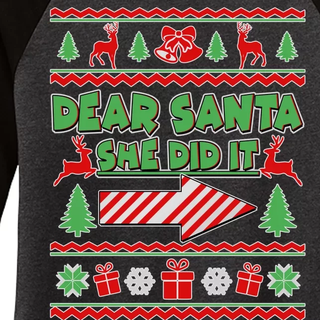 Dear Santa She Did It Ugly Christmas Matching Women's Tri-Blend 3/4-Sleeve Raglan Shirt