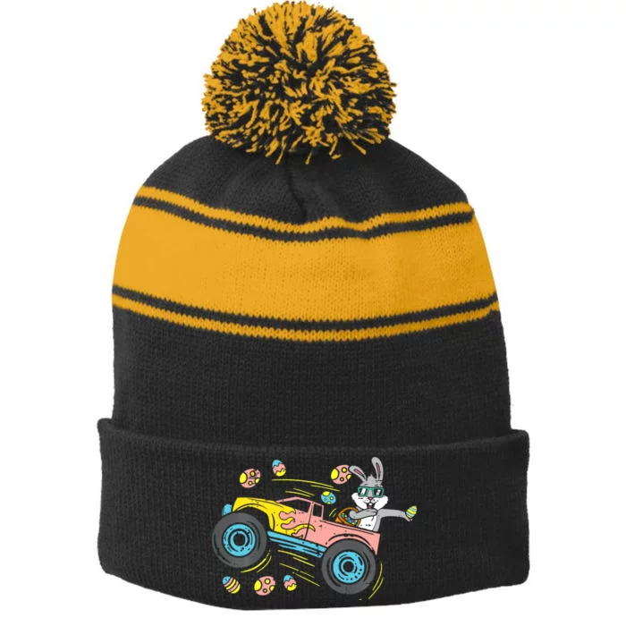 Dabbing Easter Bunny Happy Easter Monster Truck Lovers Stripe Pom Pom Beanie