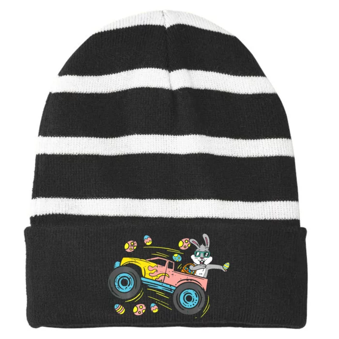 Dabbing Easter Bunny Happy Easter Monster Truck Lovers Striped Beanie with Solid Band