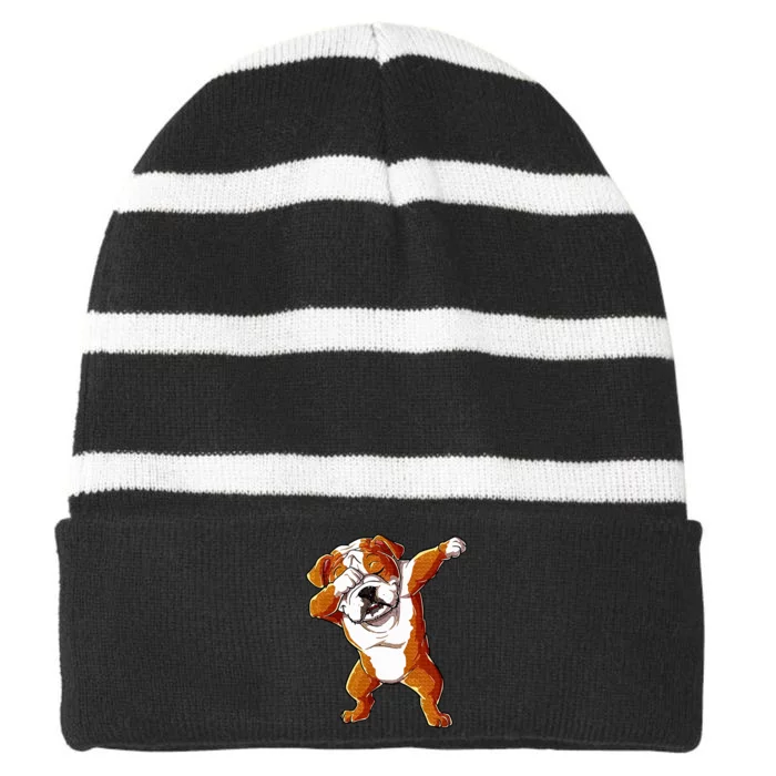 Dabbing English Bulldog Boy Dab Dance Puppy Lover Striped Beanie with Solid Band