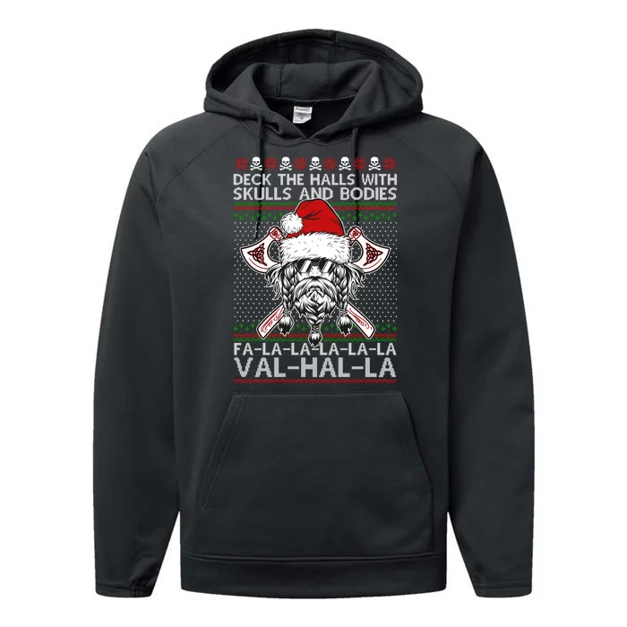 Deck The Halls Skulls Bodies Vikings Santa Ugly Christmas Sweater Performance Fleece Hoodie