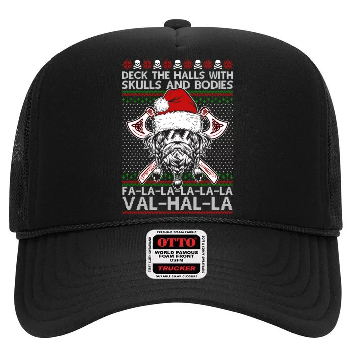 Deck The Halls Skulls Bodies Vikings Santa Ugly Christmas Sweater High Crown Mesh Trucker Hat