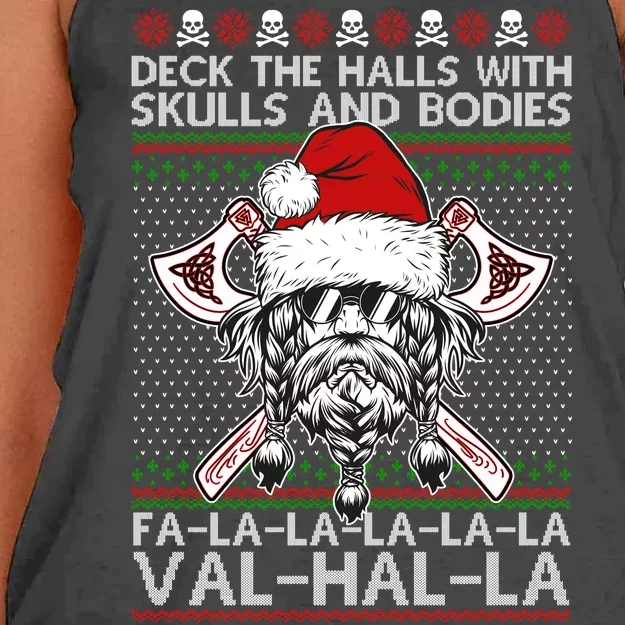 Deck The Halls Skulls Bodies Vikings Santa Ugly Christmas Sweater Women's Knotted Racerback Tank