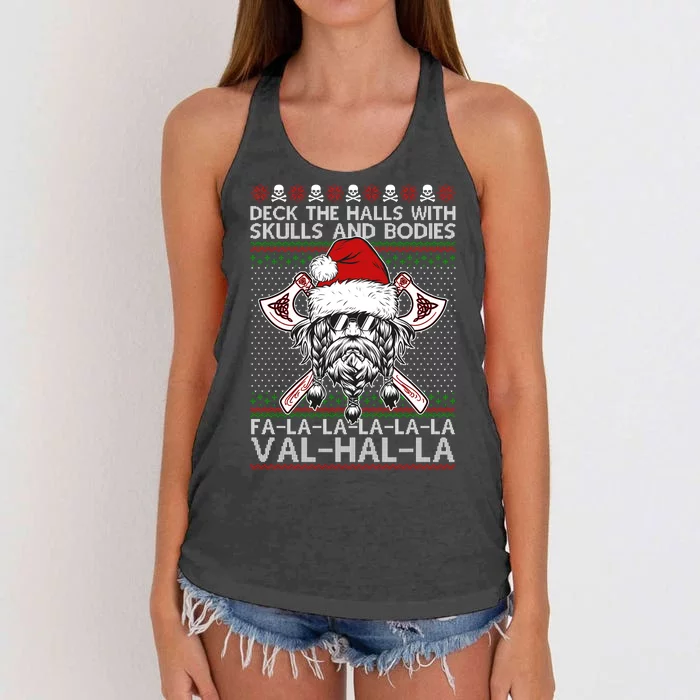 Deck The Halls Skulls Bodies Vikings Santa Ugly Christmas Sweater Women's Knotted Racerback Tank