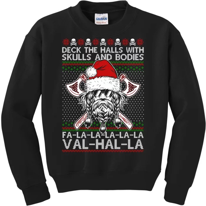 Deck The Halls Skulls Bodies Vikings Santa Ugly Christmas Sweater Kids Sweatshirt