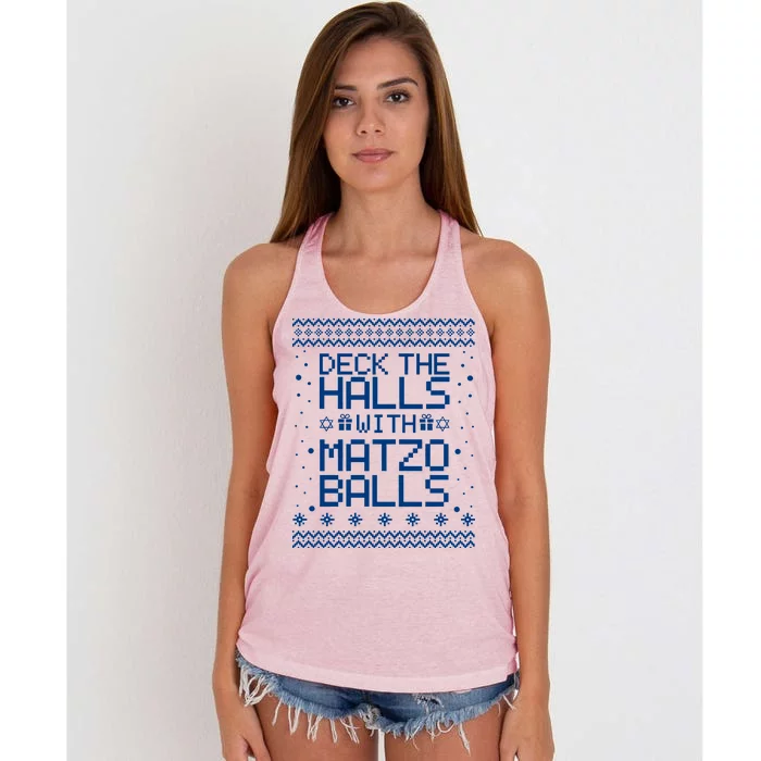 Deck The Halls With Matzo Balls Funny Hanukkah Ugly Women's Knotted Racerback Tank