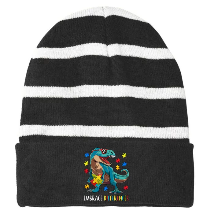 Dinosaur Embrace Differences Autism Awareness Dinosaur Striped Beanie with Solid Band