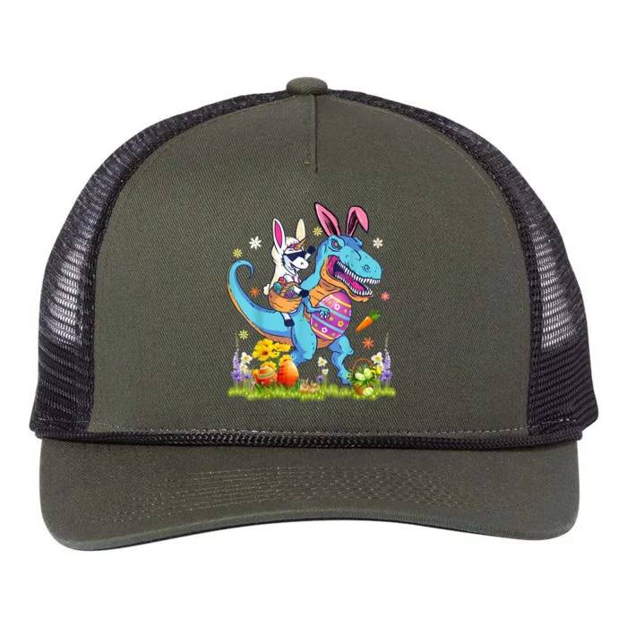 Dinosaur Easter Day Unicorn Riding Trex Bunny Costume Retro Rope Trucker Hat Cap