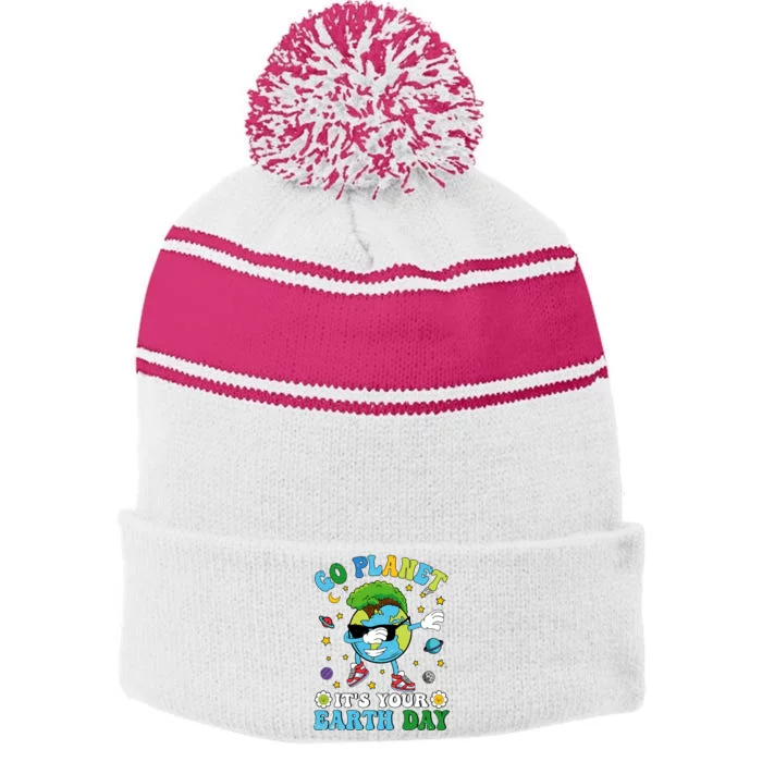 Dabbing Earth Day 2024 Groovy Go Planet ItS Your Earth Day Stripe Pom Pom Beanie