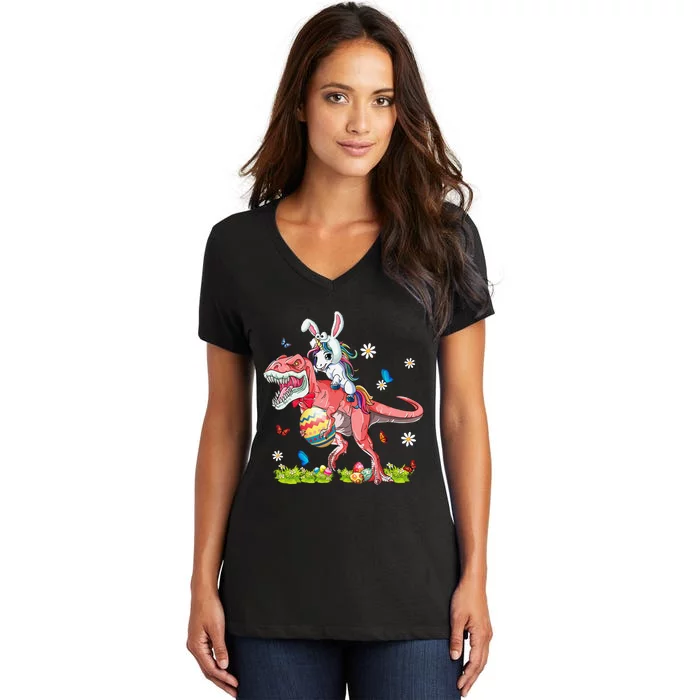 Dinosaur Easter Day Unicorn Riding Trex Funny Unicorn Women's V-Neck T-Shirt