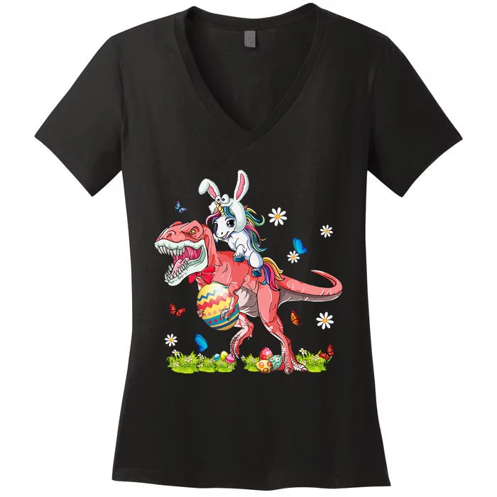 Dinosaur Easter Day Unicorn Riding Trex Funny Unicorn Women's V-Neck T-Shirt