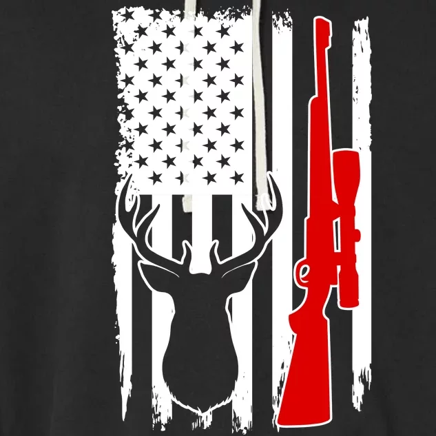 Deer Hunting Distressed USA American Flag Garment-Dyed Fleece Hoodie