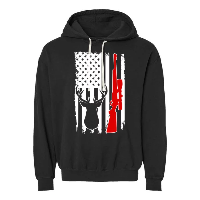 Deer Hunting Distressed USA American Flag Garment-Dyed Fleece Hoodie