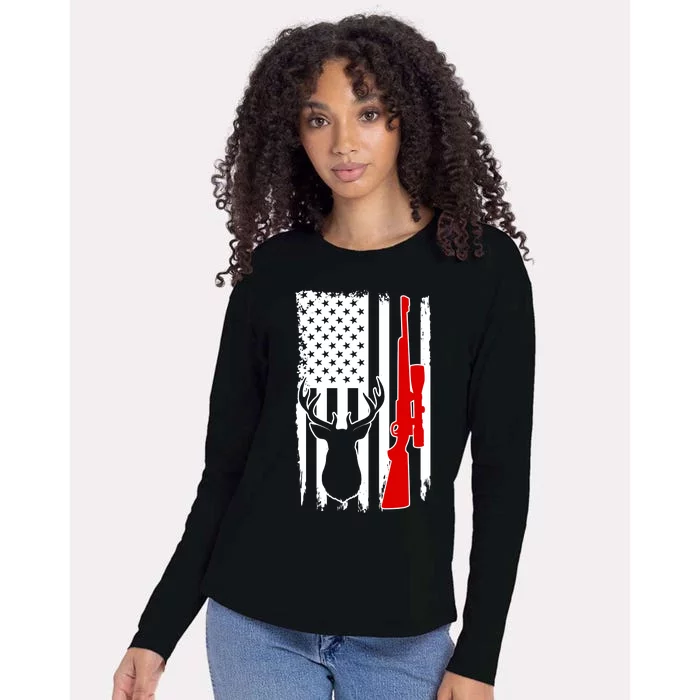 Deer Hunting Distressed USA American Flag Womens Cotton Relaxed Long Sleeve T-Shirt