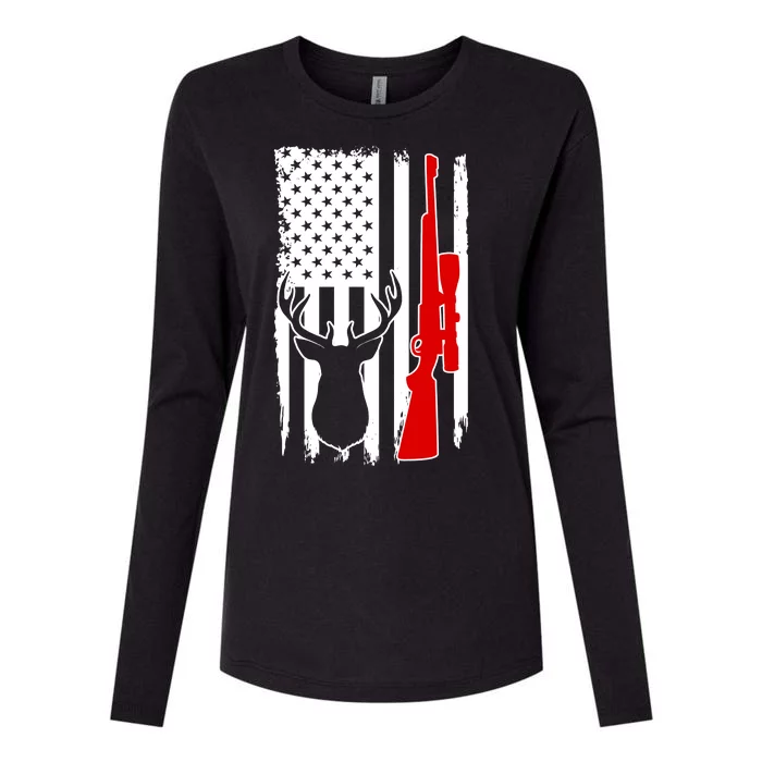 Deer Hunting Distressed USA American Flag Womens Cotton Relaxed Long Sleeve T-Shirt