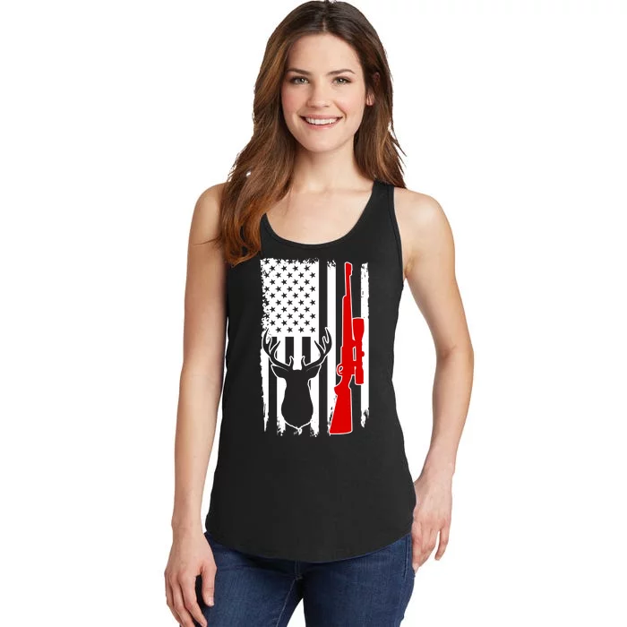 Deer Hunting Distressed USA American Flag Ladies Essential Tank