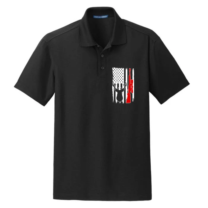 Deer Hunting Distressed USA American Flag Dry Zone Grid Performance Polo