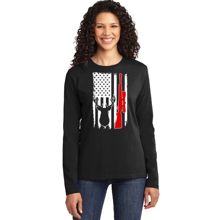 Deer Hunting Distressed USA American Flag Ladies Long Sleeve Shirt